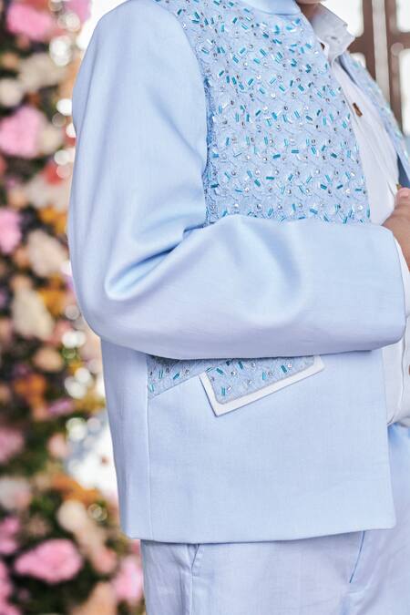 Shop_Littleens_Blue Jacquard, Velvet Sequins, Beads Pietro And Work Jacket & Trouser Set _Online_at_Aza_Fashions