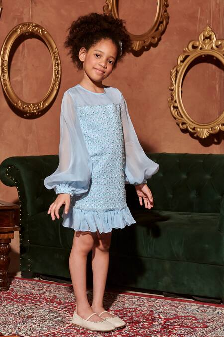 Littleens_Blue Organza Sequins, Beads Noemi Embellished Dress _Online_at_Aza_Fashions