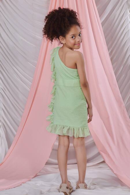 Littleens_Green Cotton, Organza Ruffles Giulia Seersucker Textured One Shoulder Dress _at_Aza_Fashions