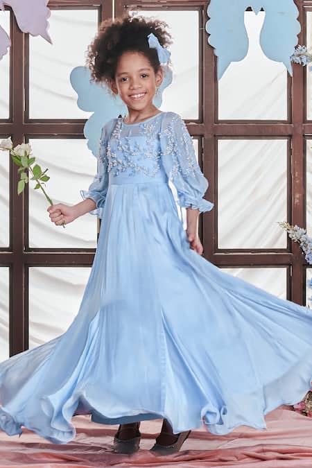 Littleens_Blue Organza, Satin Pearls, Beads Cadenza Lobelia Embellished Gown _Online_at_Aza_Fashions