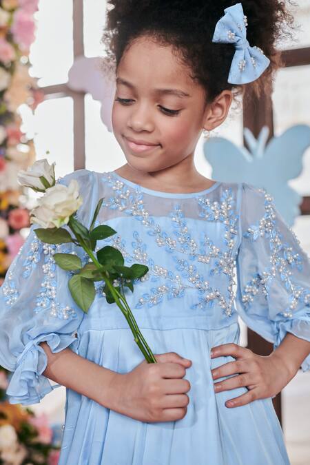 Buy_Littleens_Blue Organza, Satin Pearls, Beads Cadenza Lobelia Embellished Gown _Online_at_Aza_Fashions
