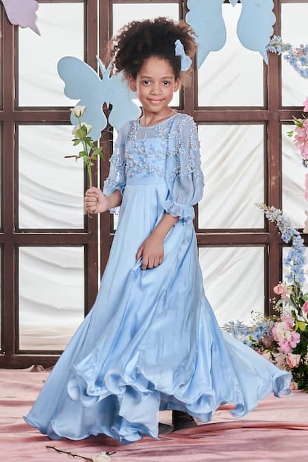 Shop_Littleens_Blue Organza, Satin Pearls, Beads Cadenza Lobelia Embellished Gown _Online_at_Aza_Fashions