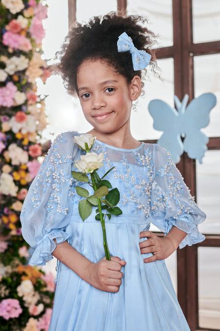 Littleens_Blue Organza, Satin Pearls, Beads Cadenza Lobelia Embellished Gown _at_Aza_Fashions