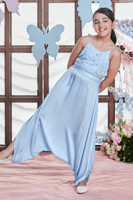 Littleens Blue Satin, Jacquard Beads, Pearls Liliana Gardenia Embellished Dhoti Jumpsuit Online at Aza Fashions Littleens_Blue Satin, Jacquard Beads, Pearls Liliana Gardenia Embellished Dhoti Jumpsuit _Online_at_Aza_Fashions