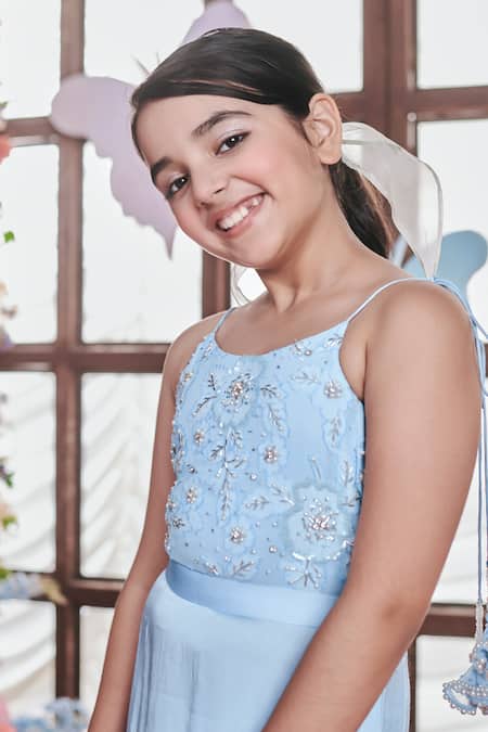 Shop Littleens Blue Satin, Jacquard Beads, Pearls Liliana Gardenia Embellished Dhoti Jumpsuit Online at Aza Fashions Shop_Littleens_Blue Satin, Jacquard Beads, Pearls Liliana Gardenia Embellished Dhoti Jumpsuit _Online_at_Aza_Fashions