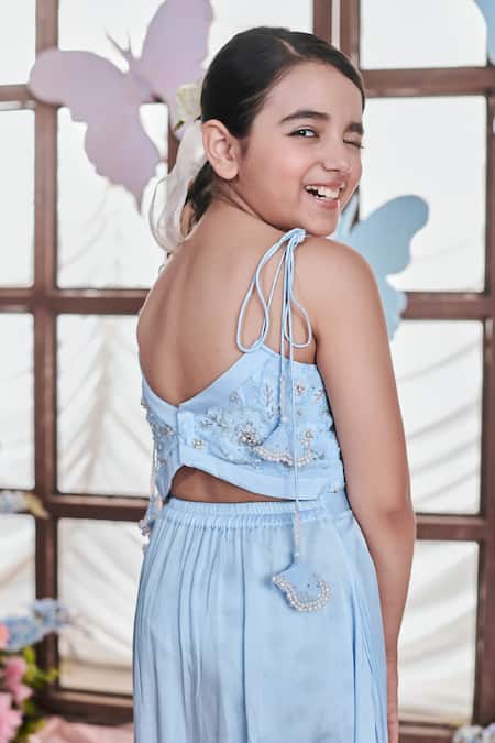 Littleens Blue Satin, Jacquard Beads, Pearls Liliana Gardenia Embellished Dhoti Jumpsuit at Aza Fashions Littleens_Blue Satin, Jacquard Beads, Pearls Liliana Gardenia Embellished Dhoti Jumpsuit _at_Aza_Fashions