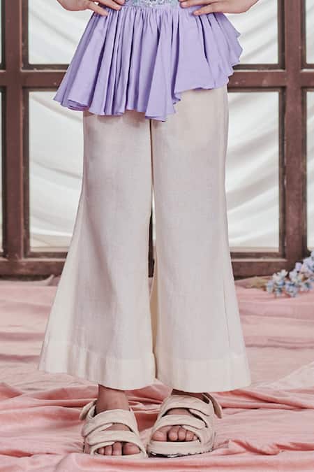 Littleens_Purple Voile, Cotton Viola Cypress Vine Embellished Top With Bell Bottom Pant _Online_at_Aza_Fashions