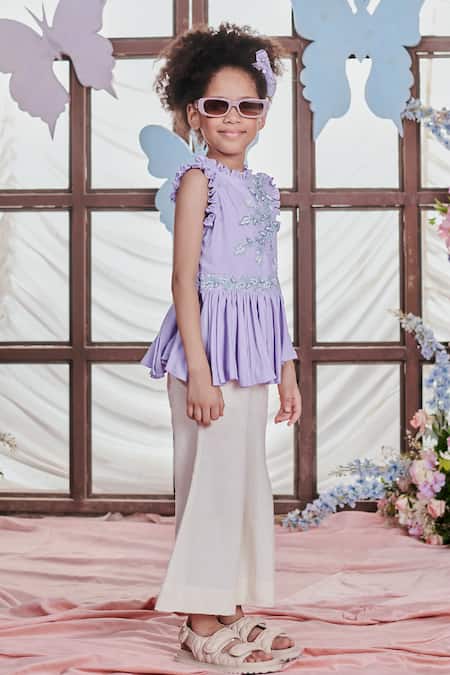 Buy_Littleens_Purple Voile, Cotton Viola Cypress Vine Embellished Top With Bell Bottom Pant _Online_at_Aza_Fashions