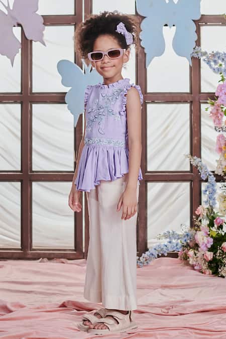Shop_Littleens_Purple Voile, Cotton Viola Cypress Vine Embellished Top With Bell Bottom Pant _Online_at_Aza_Fashions