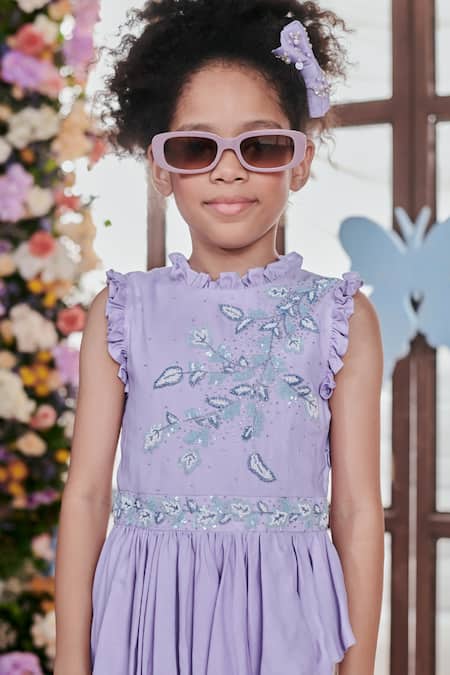 Littleens_Purple Voile, Cotton Viola Cypress Vine Embellished Top With Bell Bottom Pant _at_Aza_Fashions