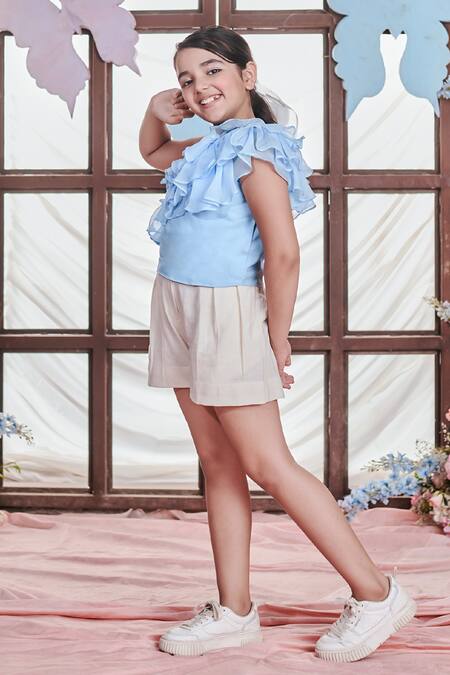 Buy Littleens Blue Organza, Voile Pearls Rebecca Ruffled One Shoulder Top With Shorts Online at Aza Fashions Buy_Littleens_Blue Organza, Voile Pearls Rebecca Ruffled One Shoulder Top With Shorts _Online_at_Aza_Fashions