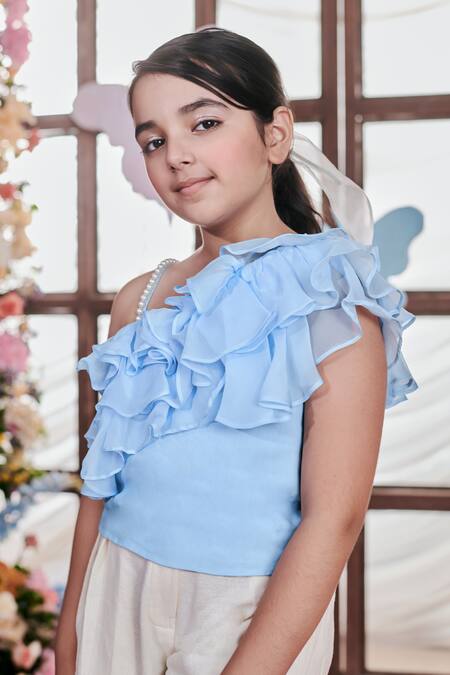 Shop Littleens Blue Organza, Voile Pearls Rebecca Ruffled One Shoulder Top With Shorts Online at Aza Fashions Shop_Littleens_Blue Organza, Voile Pearls Rebecca Ruffled One Shoulder Top With Shorts _Online_at_Aza_Fashions