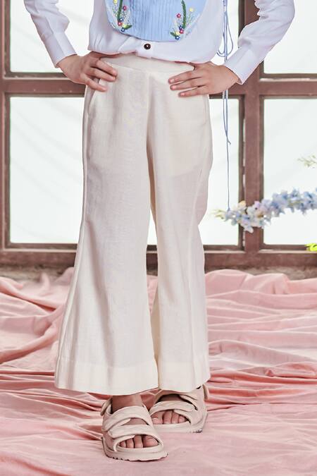 Buy_Littleens_Blue Cotton Embroidery Gaia Thread Work Pintucked Bib Bell Bottom Set _Online_at_Aza_Fashions