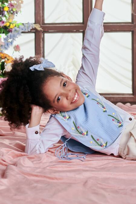 Littleens_Blue Cotton Embroidery Gaia Thread Work Pintucked Bib Bell Bottom Set _at_Aza_Fashions