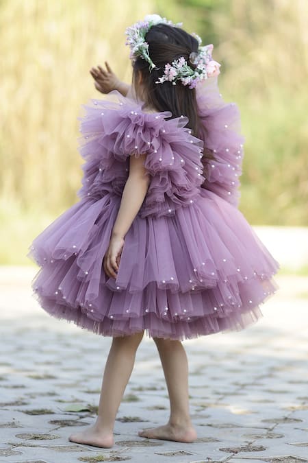 Janyas Closet_Purple Silk, Net, Satin, Linen Pearls Princess Chloe Embellished Dress_Online_at_Aza_Fashions