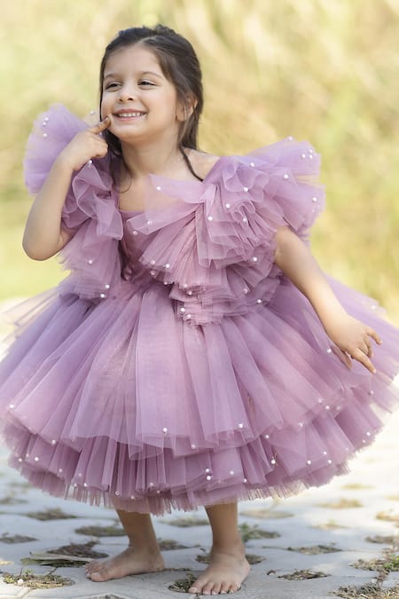 Buy_Janyas Closet_Purple Silk, Net, Satin, Linen Pearls Princess Chloe Embellished Dress_Online_at_Aza_Fashions