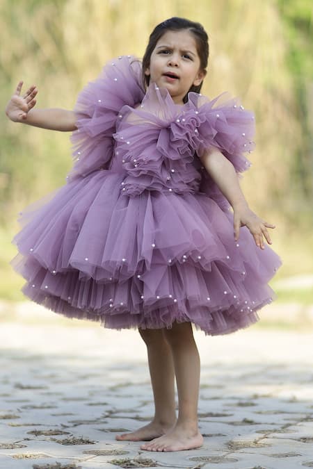 Janyas Closet_Purple Silk, Net, Satin, Linen Pearls Princess Chloe Embellished Dress_at_Aza_Fashions