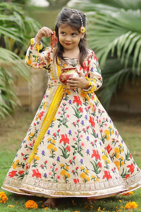 Janyas Closet_Beige Silk, Organza, Satin, Linen Autumn Bouquet Print Anarkali With Dupatta _Online_at_Aza_Fashions