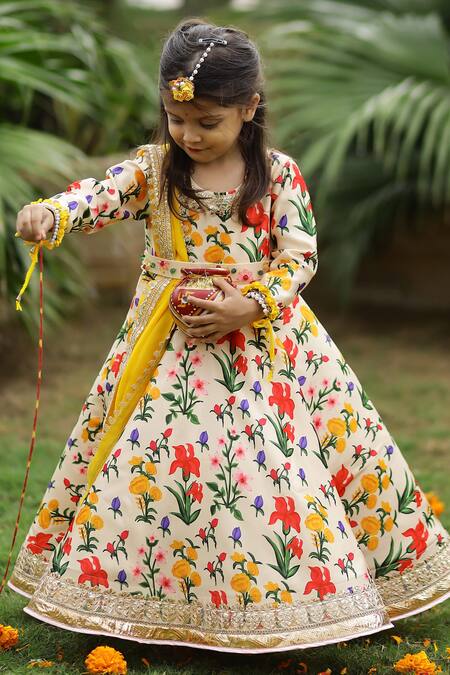 Buy_Janyas Closet_Beige Silk, Organza, Satin, Linen Autumn Bouquet Print Anarkali With Dupatta _Online_at_Aza_Fashions