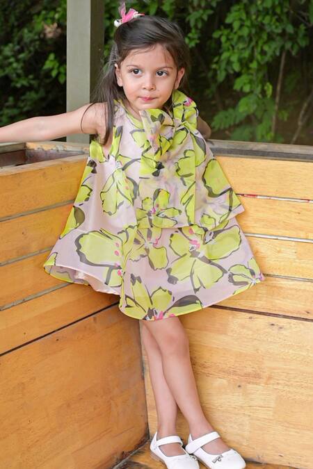 Shop_Janyas Closet_Beige Silk, Organza Bows Flower Print Dress_Online_at_Aza_Fashions