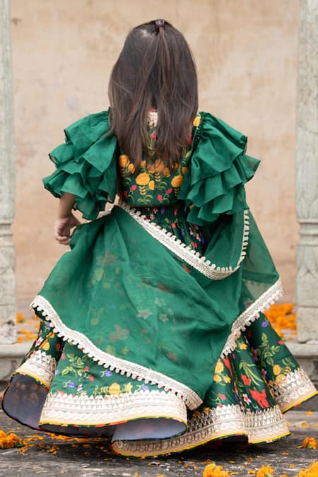 Shop_Janyas Closet_Green Silk, Organza, Satin Embroidery, Gota Autumn Bouquet Print Lehenga Set _at_Aza_Fashions