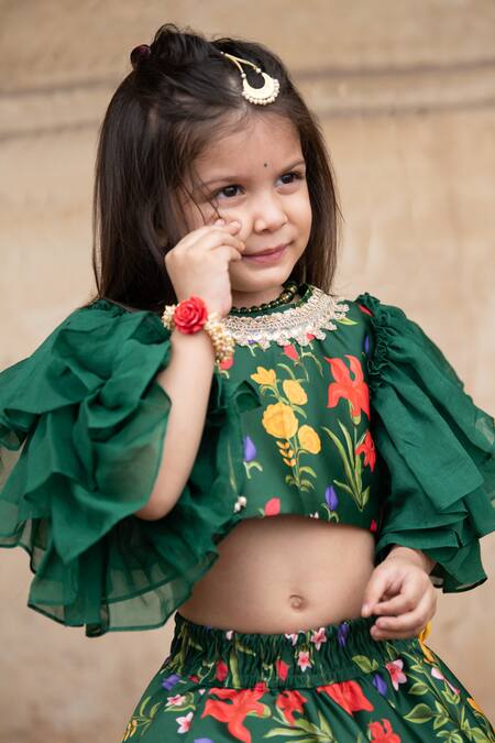 Buy_Janyas Closet_Green Silk, Organza, Satin Embroidery, Gota Autumn Bouquet Print Lehenga Set _Online_at_Aza_Fashions