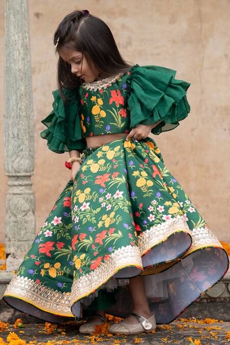 Shop_Janyas Closet_Green Silk, Organza, Satin Embroidery, Gota Autumn Bouquet Print Lehenga Set _Online_at_Aza_Fashions