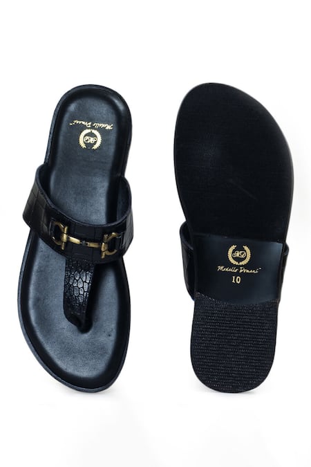 Shop Domani Black Textured Louis Embossed Leather Slippers at Aza Fashions Shop_Domani_Black Textured Louis Embossed Leather Slippers _at_Aza_Fashions