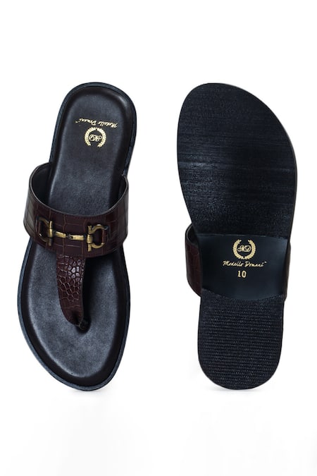 Domani Textured Brown Leather Strap Slippers 
