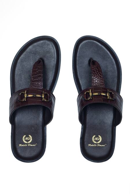 Domani_Brown Textured Leather Strap Slippers _Online_at_Aza_Fashions