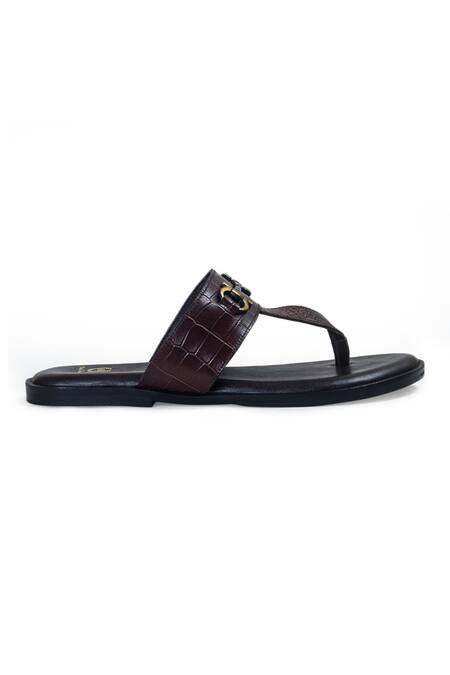 Buy_Domani_Brown Textured Leather Strap Slippers _Online_at_Aza_Fashions