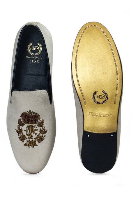 Shop Domani Beige Embroidered The Kingsman Slip-on Loafers at Aza Fashions Shop_Domani_Beige Embroidered The Kingsman Slip-on Loafers _at_Aza_Fashions