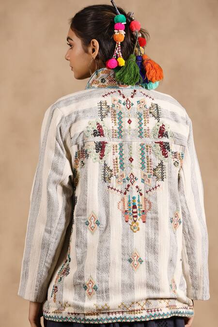 Shop_Nyaro_Off White Handloom Cotton Embroidery High Neck Stripe Jacket _at_Aza_Fashions