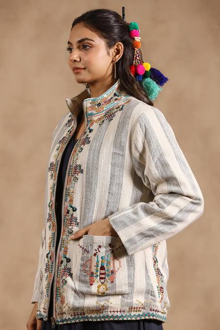 Nyaro_Off White Handloom Cotton Embroidery High Neck Stripe Jacket _Online_at_Aza_Fashions
