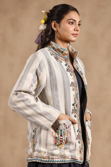 Buy_Nyaro_Off White Handloom Cotton Embroidery High Neck Stripe Jacket _Online_at_Aza_Fashions