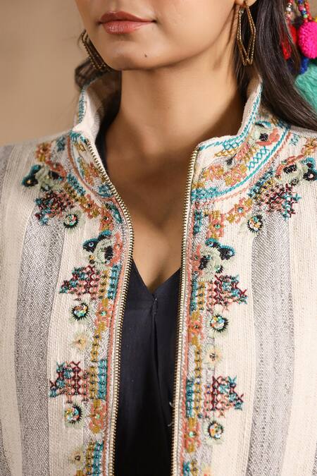 Shop_Nyaro_Off White Handloom Cotton Embroidery High Neck Stripe Jacket _Online_at_Aza_Fashions