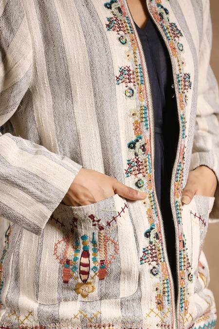 Nyaro_Off White Handloom Cotton Embroidery High Neck Stripe Jacket _at_Aza_Fashions