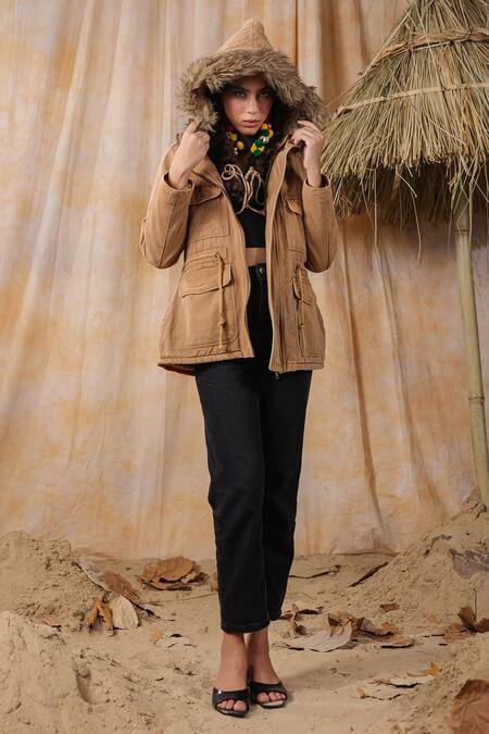 Nyaro_Brown Cotton Embroidery Halter Neck Fur Bordered Hooded Jacket _Online_at_Aza_Fashions