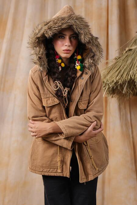 Buy_Nyaro_Brown Cotton Embroidery Halter Neck Fur Bordered Hooded Jacket _Online_at_Aza_Fashions