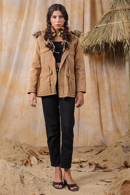 Shop_Nyaro_Brown Cotton Embroidery Halter Neck Fur Bordered Hooded Jacket _Online_at_Aza_Fashions