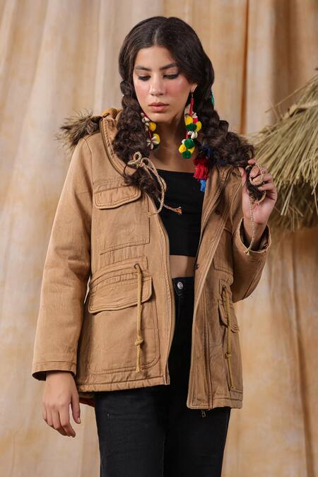 Nyaro_Brown Cotton Embroidery Halter Neck Fur Bordered Hooded Jacket _at_Aza_Fashions