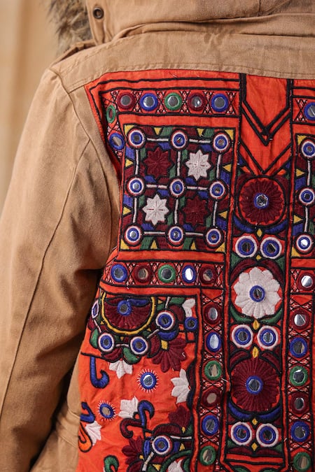 Shop_Nyaro_Brown Cotton Embroidery Halter Neck Fur Bordered Hooded Jacket 