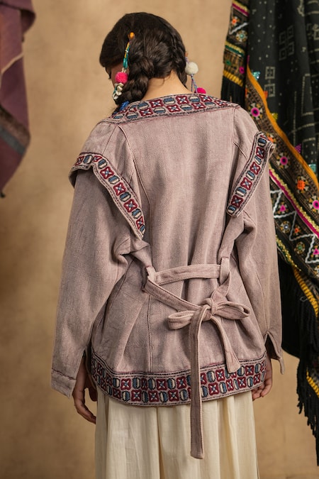 Shop_Nyaro_Brown Cotton Embroidery Open Neck Chevron Woven Jacket With Belt _at_Aza_Fashions
