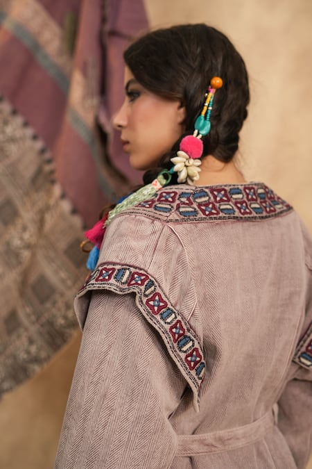 Nyaro_Brown Cotton Embroidery Open Neck Chevron Woven Jacket With Belt _Online_at_Aza_Fashions