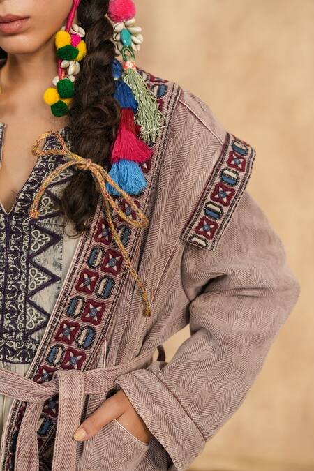 Buy_Nyaro_Brown Cotton Embroidery Open Neck Chevron Woven Jacket With Belt _Online_at_Aza_Fashions