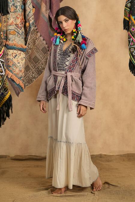 Shop_Nyaro_Brown Cotton Embroidery Open Neck Chevron Woven Jacket With Belt _Online_at_Aza_Fashions