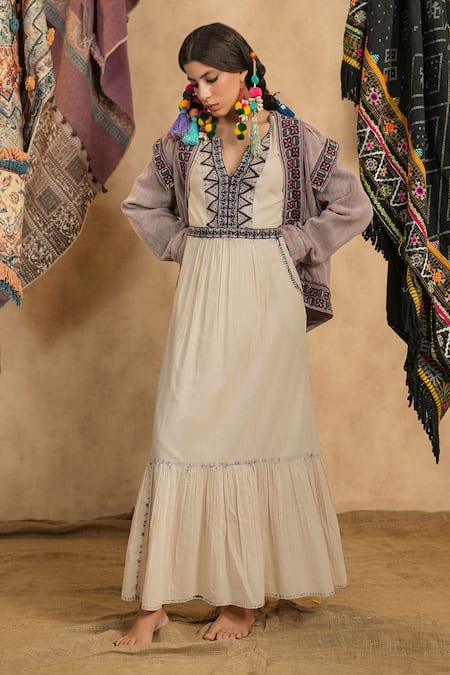 Nyaro_Brown Cotton Embroidery Open Neck Chevron Woven Jacket With Belt _at_Aza_Fashions