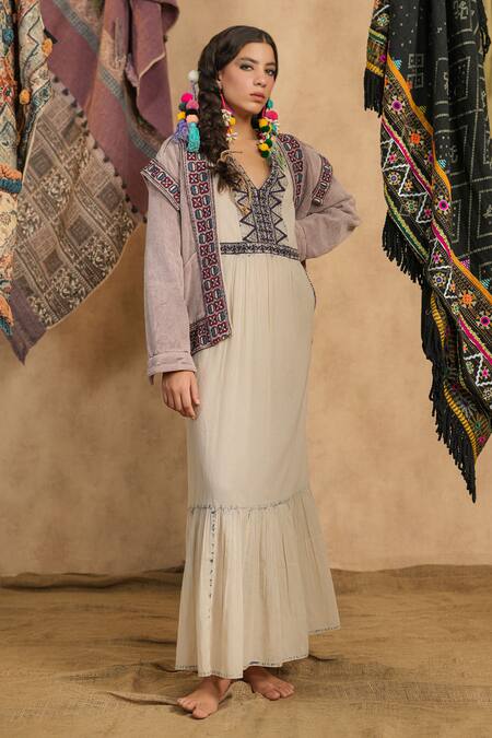 Shop_Nyaro_Brown Cotton Embroidery Open Neck Chevron Woven Jacket With Belt 