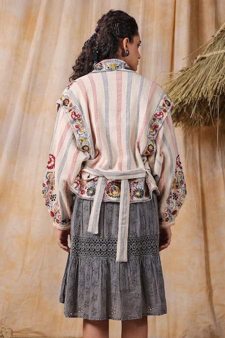 Shop_Nyaro_Multi Color Cotton Embroidery Open Neck Floral Jacket With Belt _at_Aza_Fashions
