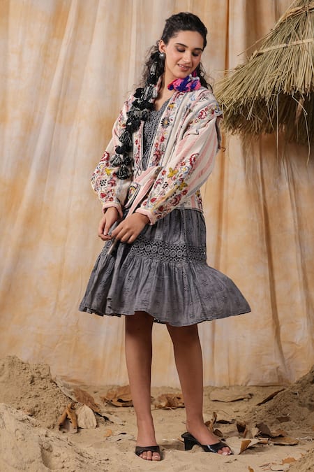 Nyaro_Multi Color Cotton Embroidery Open Neck Floral Jacket With Belt _Online_at_Aza_Fashions